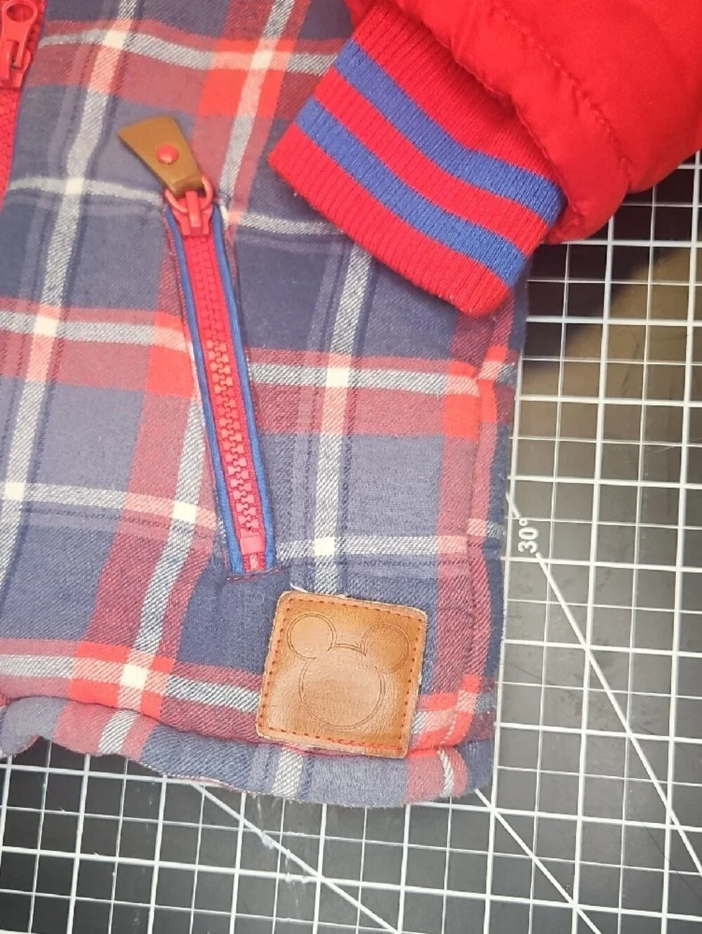 Disney Red Mickey Mouse Quilted Hooded Jacket Red Blue Plaid Toddler Size 3
